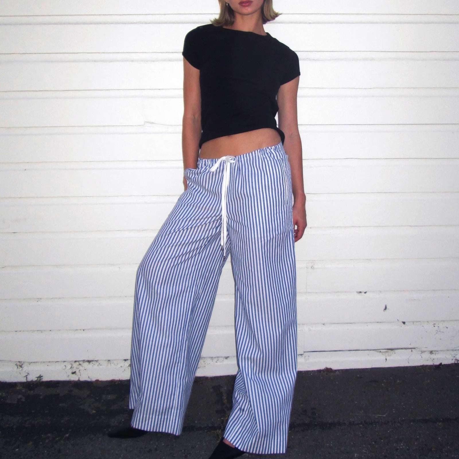 Classic khaki pants for timeless wardrobe staples -Striped Long Relaxed Drawstring High Waist Wide Leg Pinstriped Casual Loose Pants