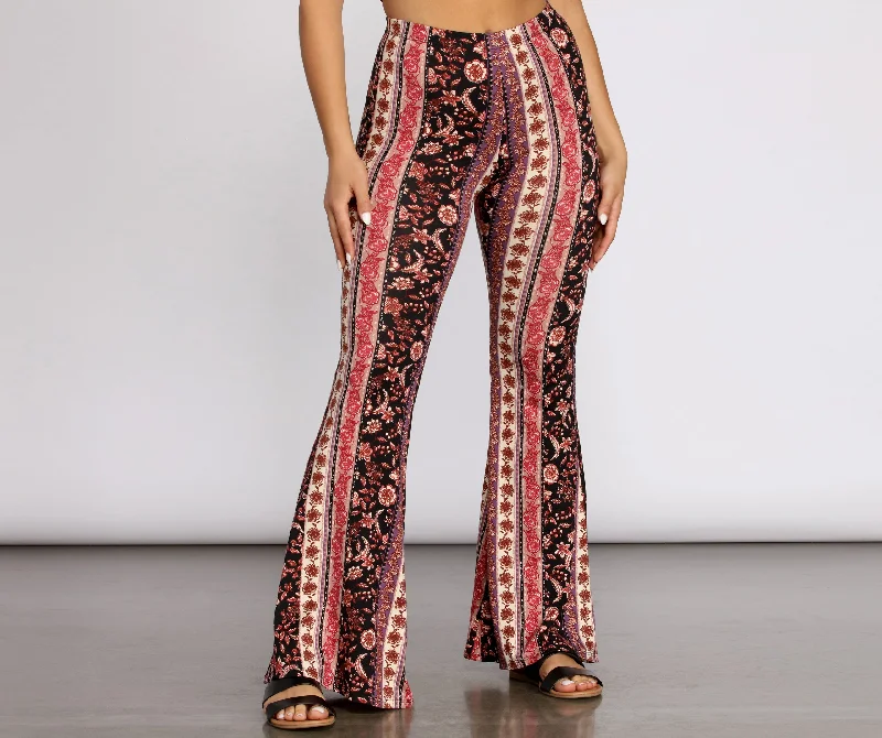 Lightweight jogger pants for summer evening strolls -Boho Flair Floral Stripe Flare Pants