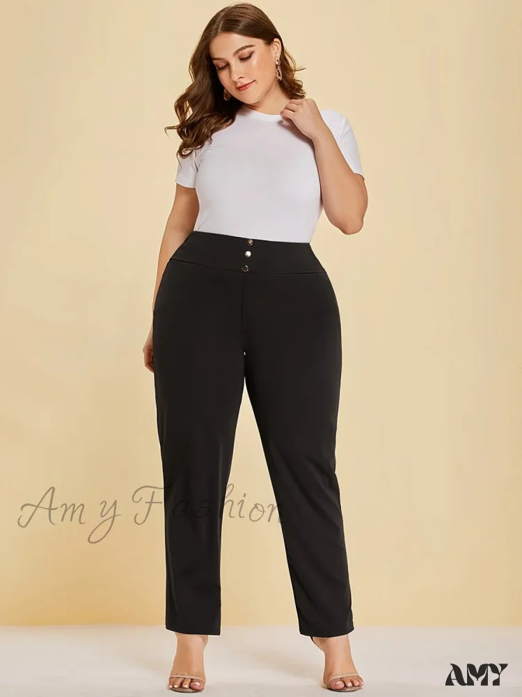 Stretch denim pants for curvy figure flattery -Plus Size Knitted Fabric Casual Slit Design Straight Pants