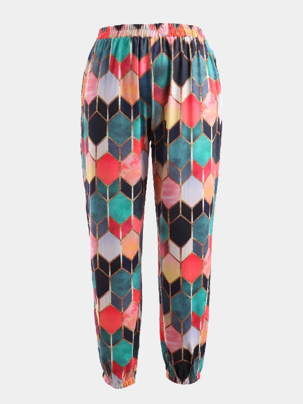 Elegant palazzo pants for formal party outfits -Midsize Vintage Geometric Print High-Waisted Pants