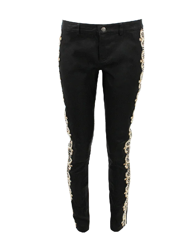 Tailored wool pants for sharp winter dressing -Pearl Embellished Leather Pants