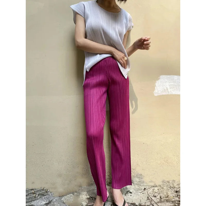 Athletic track pants for running training days -Pleated New Color High Waist Elegant Casual Classic Ankle-Length Pants