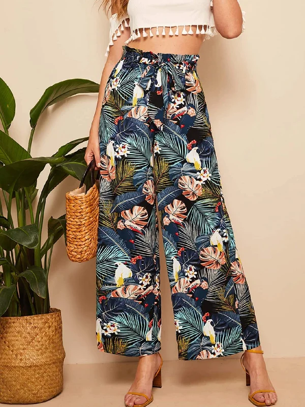 Warm flannel pants for chilly morning lounging -Belted Frilled Waist Tropical Print Palazzo Pants