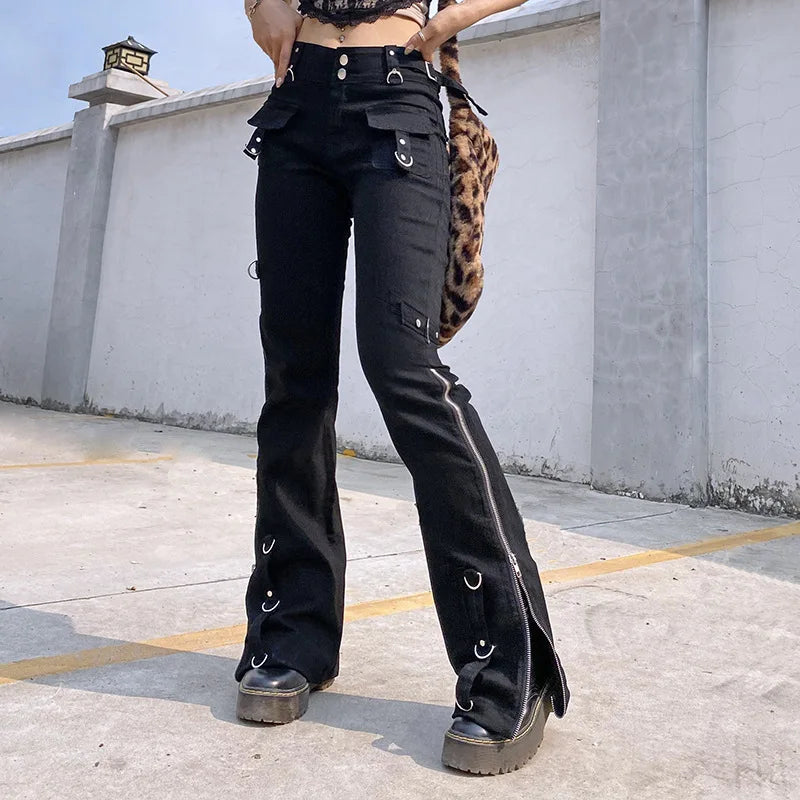 Durable denim pants for long-lasting everyday use -Dark Punk Y2K Pants for Halloween Gatherings