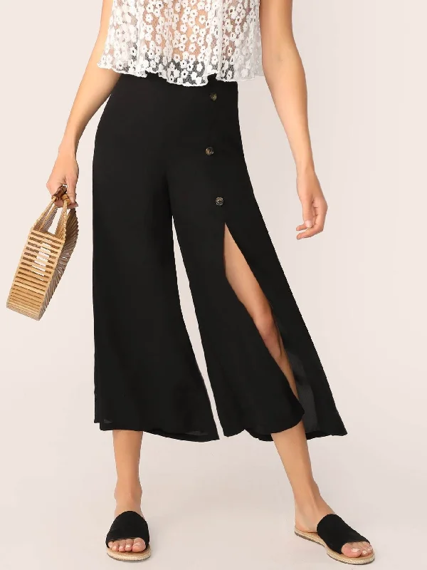 Stylish cropped pants for warm season trends -Buttoned High Slit Wide Leg Pants