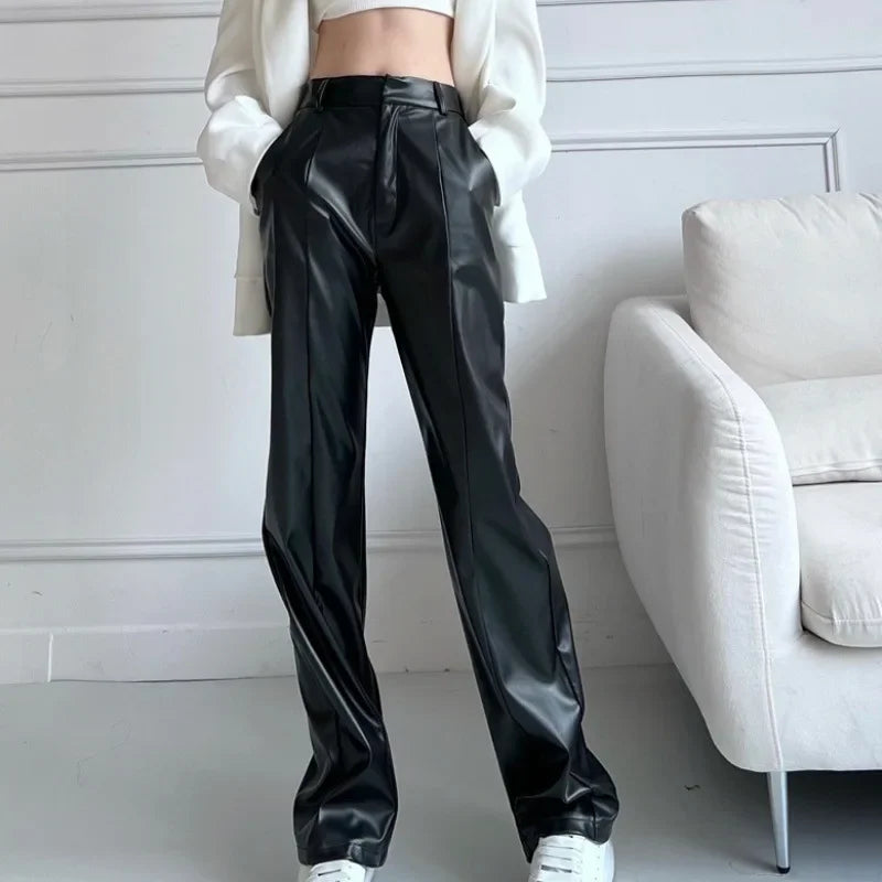 Waterproof rain pants for stormy weather protection -Winter High-waist Sensual Leather Long Black Shiny Bell Bottoms Pants