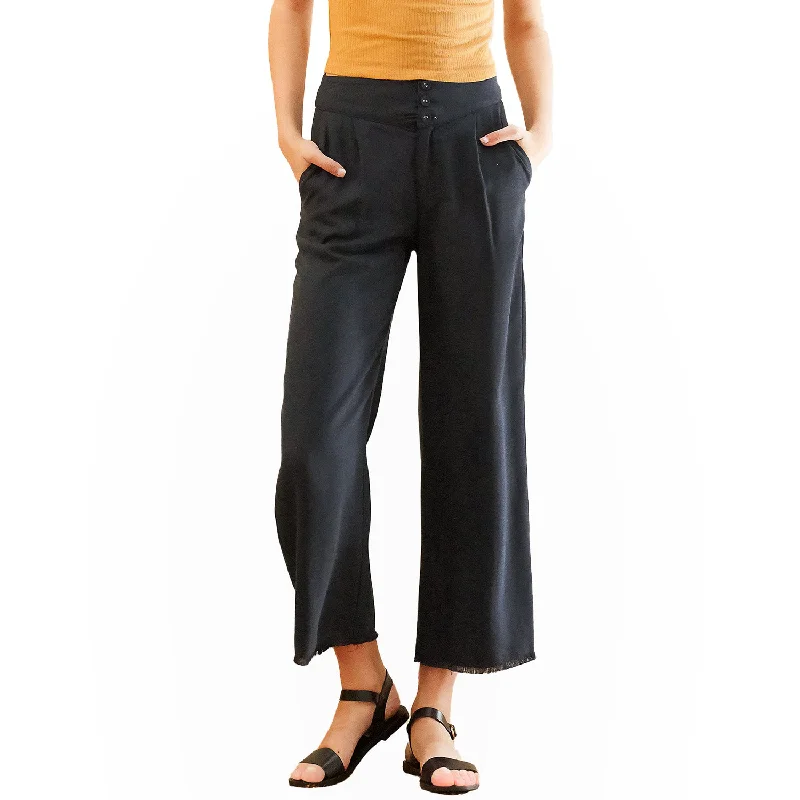 Stretchy leggings pants for casual active days -Women's Fringe Hem Cropped Pants in Navy