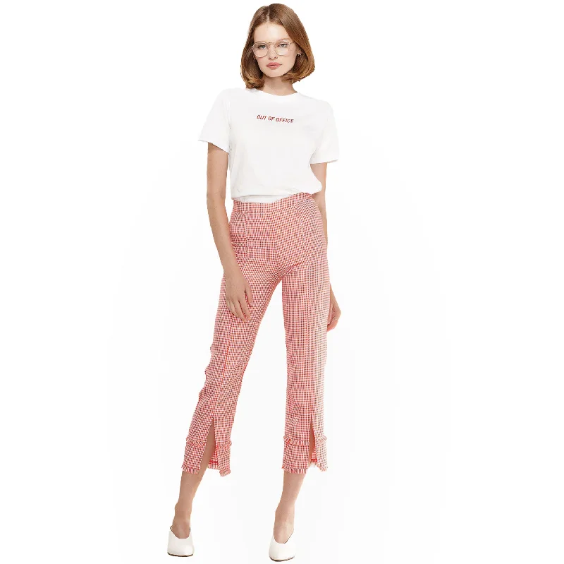 Relaxed chino pants for casual Friday offices -Women's Fringe Trim Slit Hem Gingham Pants in Red Gingham