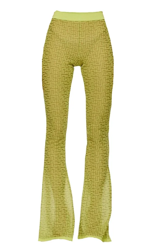 Heavy-duty ripstop pants for extreme hiking durability -Semi-sheer Monogram Pattern Flared Pants