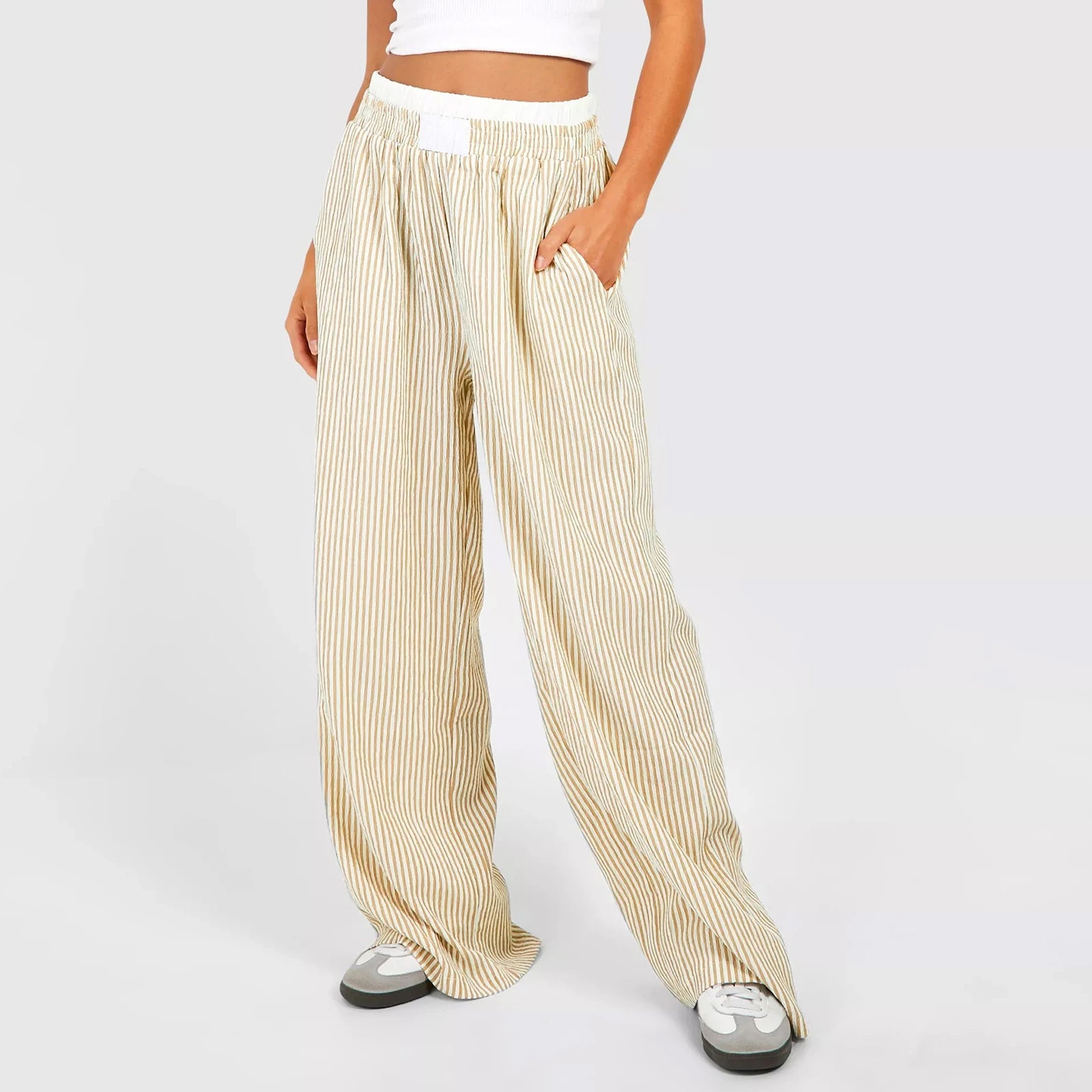 Flowy culottes pants for breezy summer style -Fashion Stripes Elastic Waist Straight Wide Leg Casual Loose Fit Going Out Pants