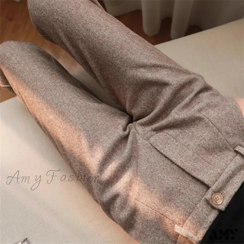 Stretchy leggings pants for casual active days -Woolen High Waist Elegant Casual Black Pencil Pants