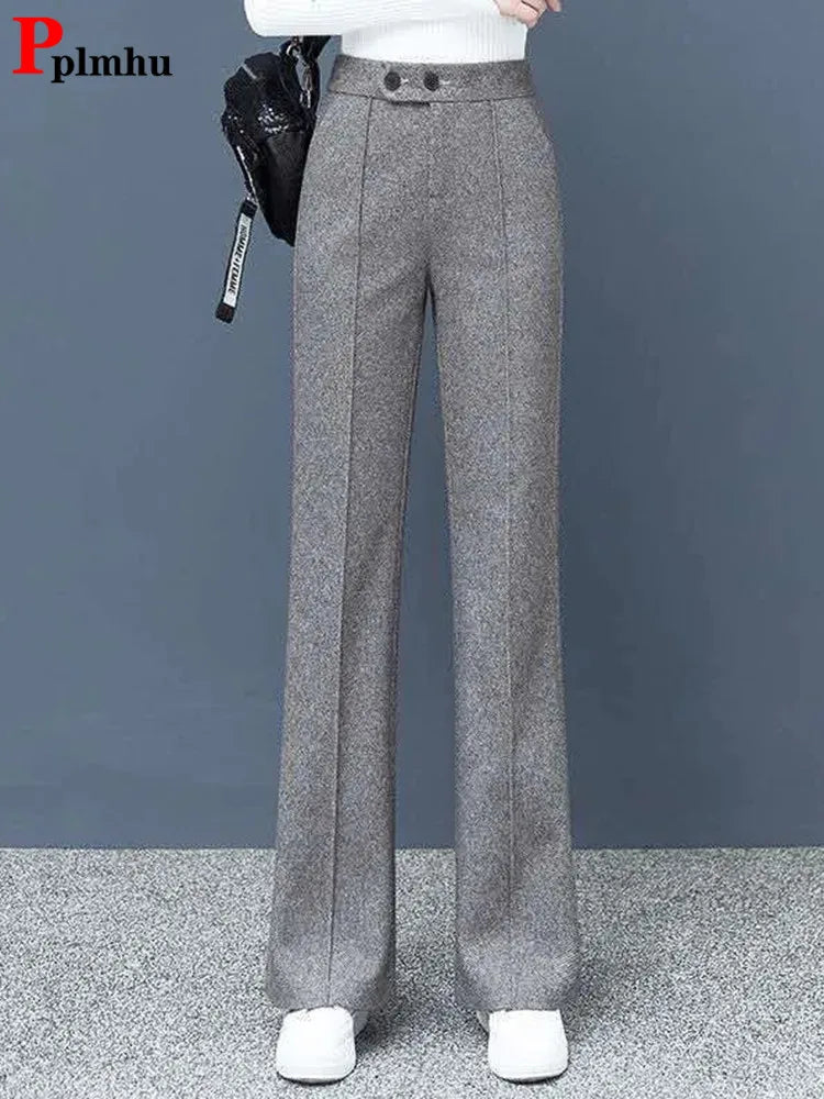 Classic straight-leg pants for versatile daily wear -Big Size Thick Wool Blend Korean Woolen Wide Leg Winter Casual High Waist Loose Pants