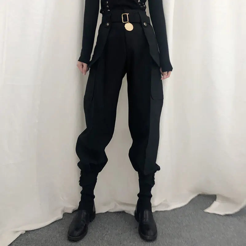 Designer leather pants for high-fashion nightwear -High Waist Halloween Harajuku Cargo Vintage Pants