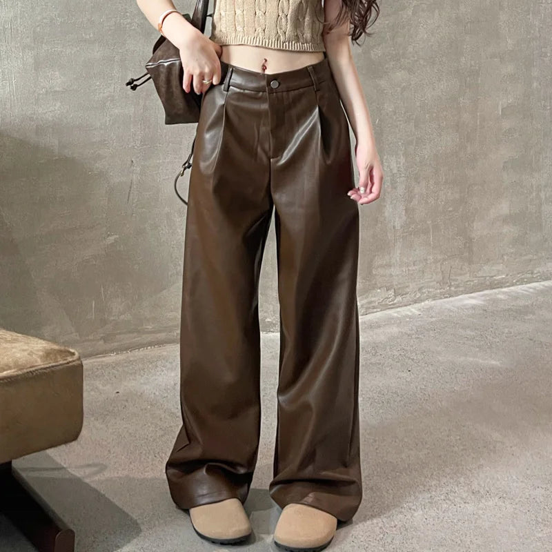 Elegant palazzo pants for formal party outfits -Straight Patent Leather Red Streetwear Autumn Casual Women’s Pants