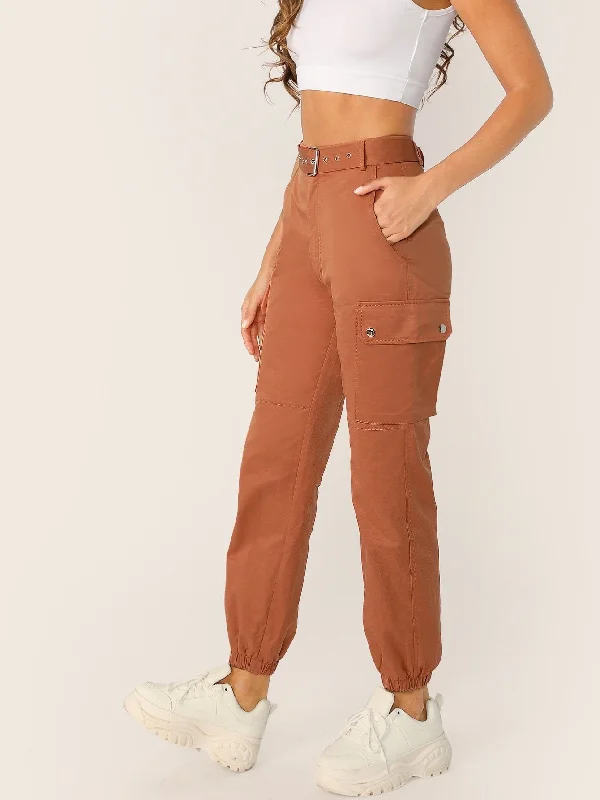 Stretch twill pants for flexible office comfort -Pocket Side Buckle Belted Lantern Pants