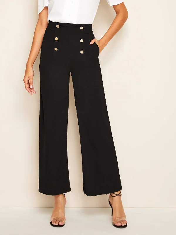 Flowy linen pants for relaxed tropical vacations -Solid Double Button Tailored Pants