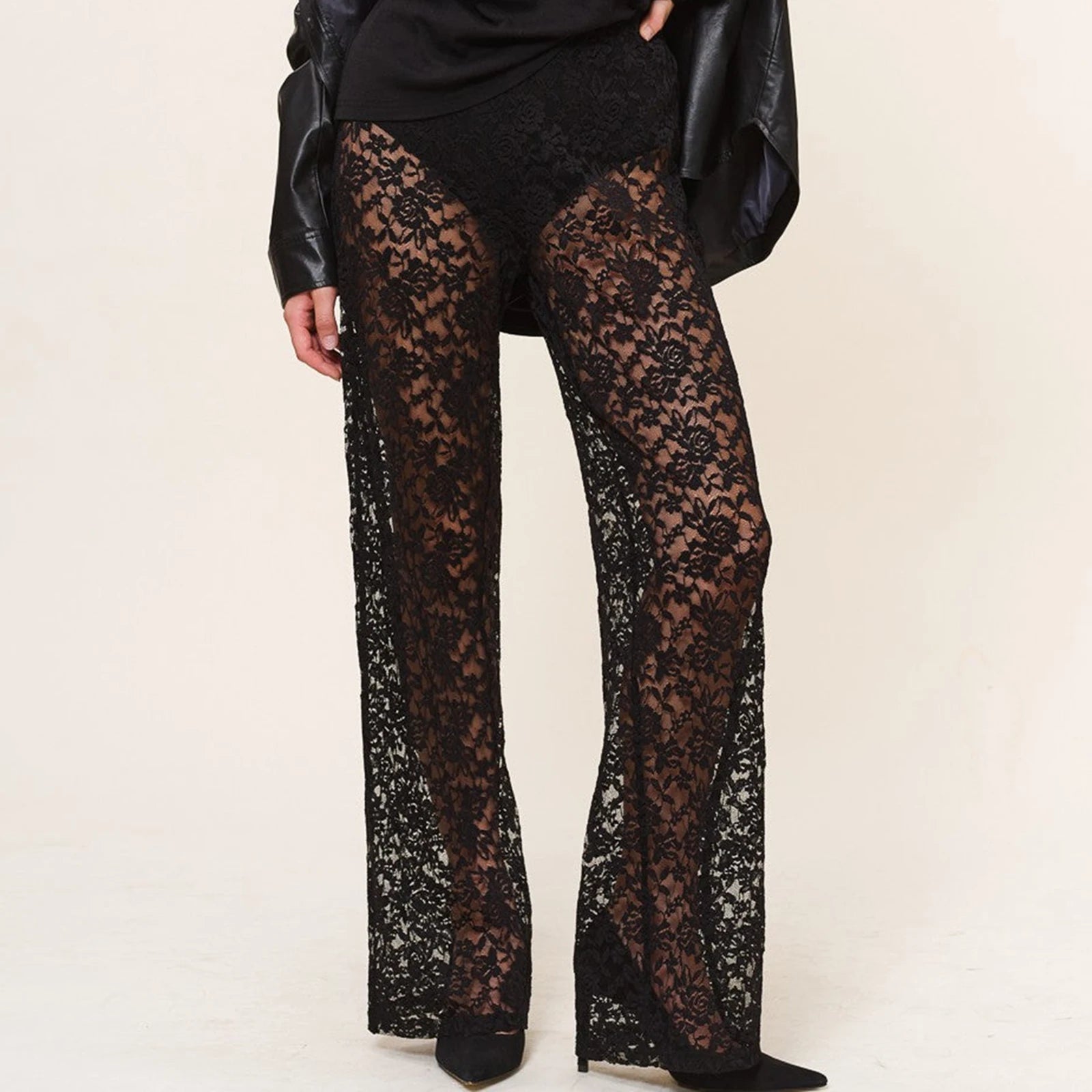 Breathable mesh pants for hot weather sports -Sheer Lace Transparent Gothic High Waist Wide Leg Flare Sexy Pants