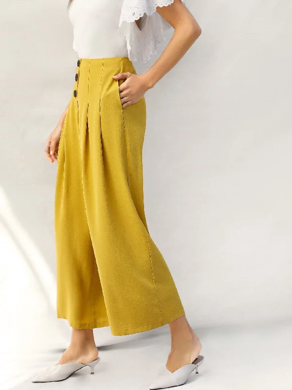 Waterproof rain pants for stormy weather protection -Zip Back Buttoned Front Pleated Wide Leg Pants