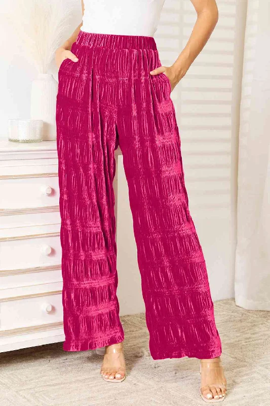 Durable canvas pants for heavy-duty work use -Tiered Shirring Velvet High Waist Wide Leg Pants