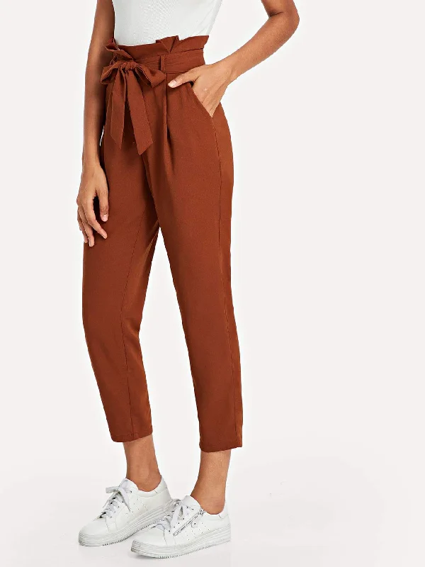 Classic wool pants for cold weather elegance -Ruffle Detail Belted Pleated Pants