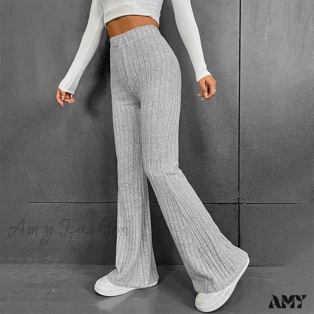 Soft cotton pants for sensitive skin comfort -Ribbed Flare Mid Waist Slim Stretch Wide Leg Pants