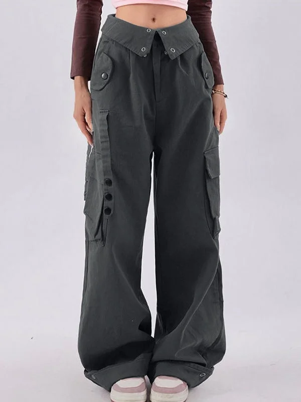 Relaxed cotton pants for breezy casual days -Buttoned High Waisted Cargo Pants