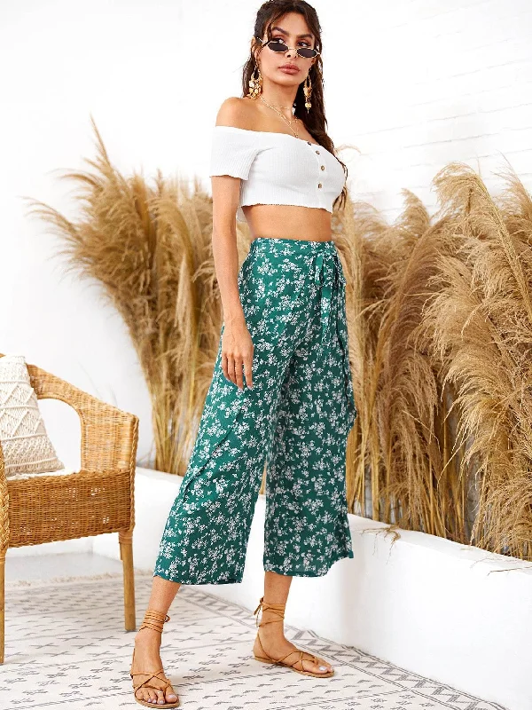 Flowy wide pants for artistic bohemian vibes -Ditsy Floral Knot Front Overlap Culotte Pants