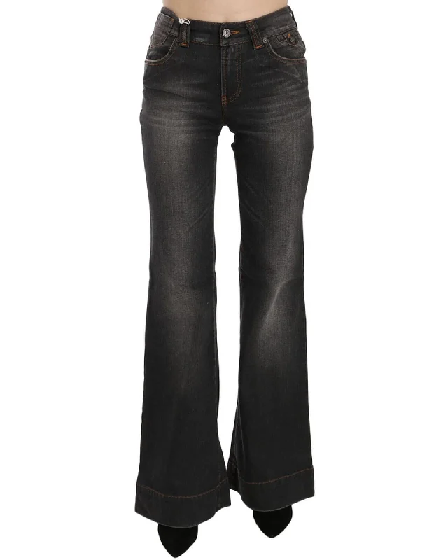 Adjustable waist pants for custom fit ease -Mid Waist Flared Denim Casual Pants with Logo Details W26 US Women