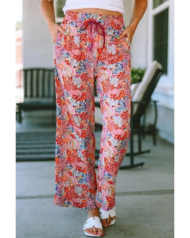 Eco-friendly hemp pants for sustainable clothing choices -Azura Exchange Print Drawstring Smocked High Waist Pants - XL