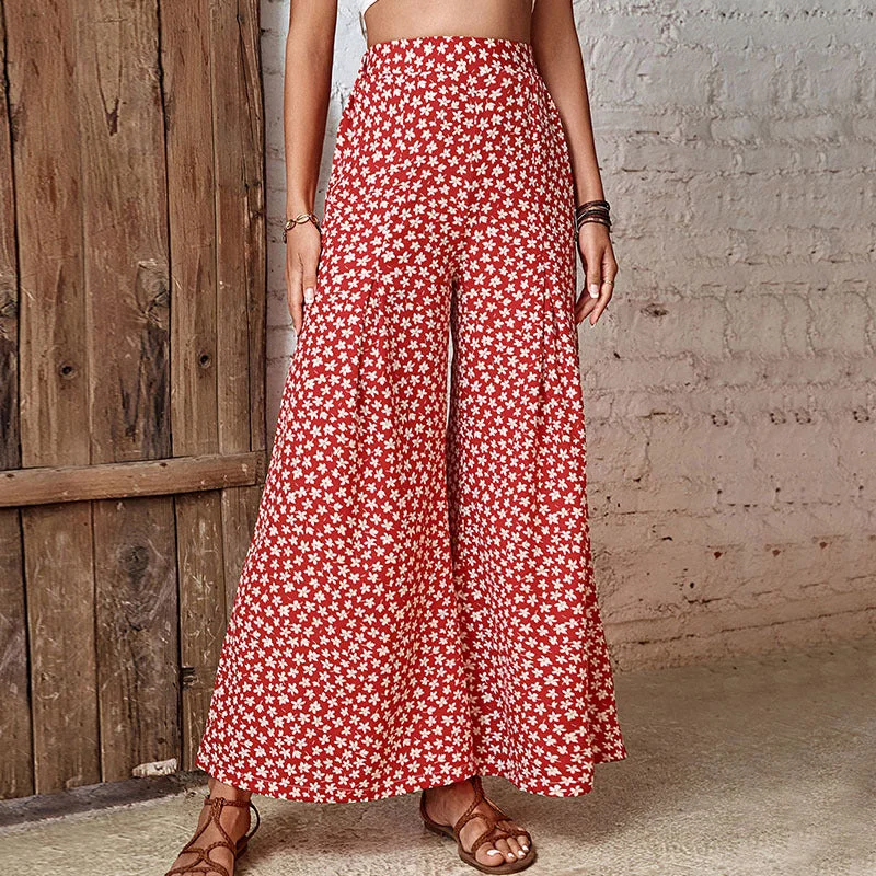 Lightweight culottes pants for summer fashion flair -Red Floral Print Pleated Palazzo Pants