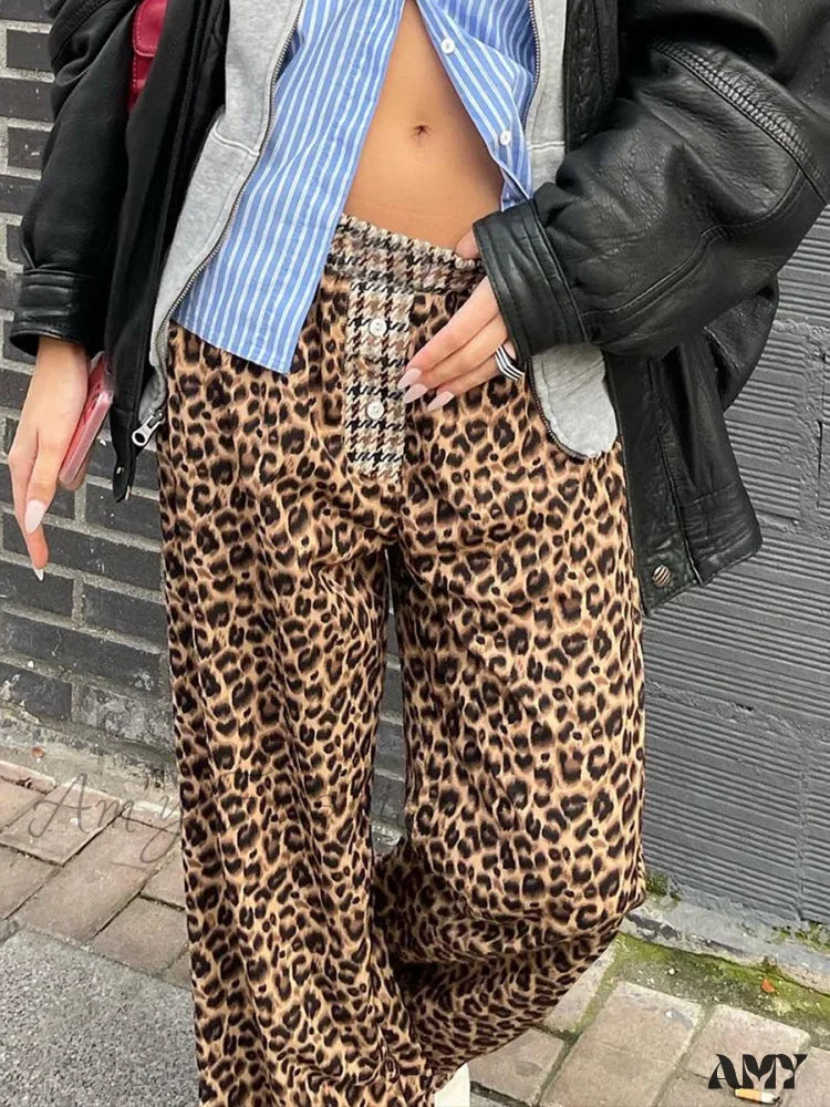 Vintage corduroy pants for retro style vibes -Elastic Waistband Leopard Houndstooth Print Casual Pants