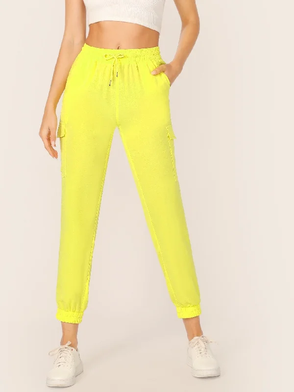 Lightweight linen pants for beach vacation style -Neon Yellow Pocket Patched Pants