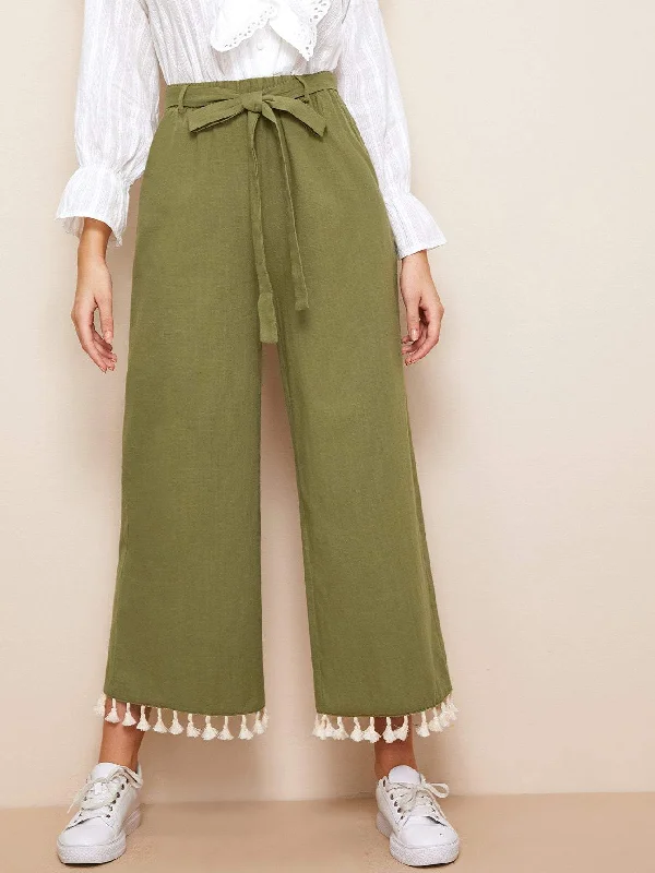 Bold plaid pants for eye-catching style choices -Tassel Hem Belted Wide Leg Pants