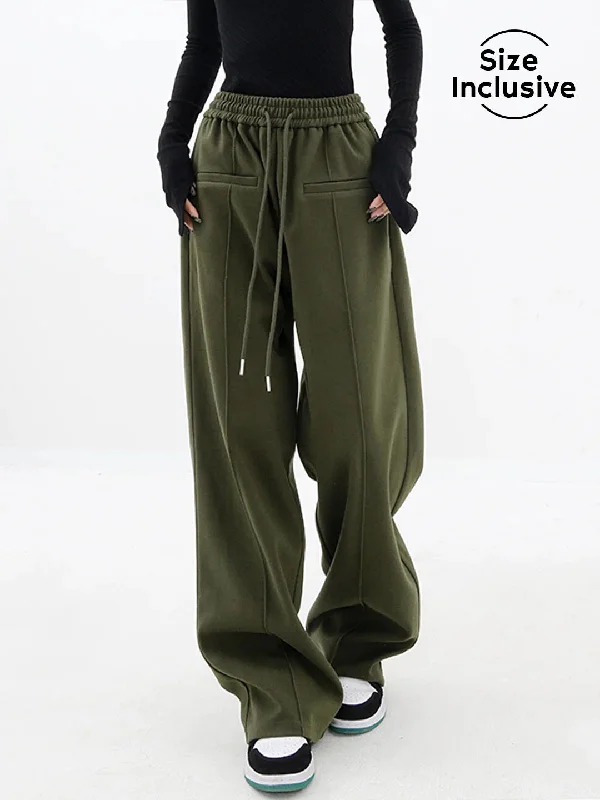 Lightweight culottes pants for summer fashion flair -Olive Green Drawstring Trendy Baggy Wide Leg Pants