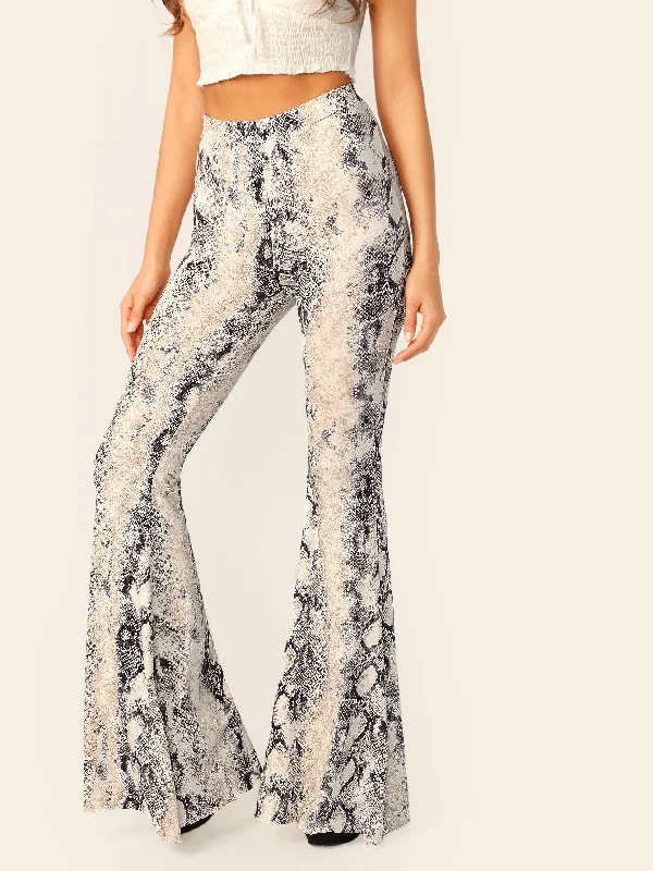 Formal suit pants for wedding guest elegance -Snakeskin Print Flare Leg Pants