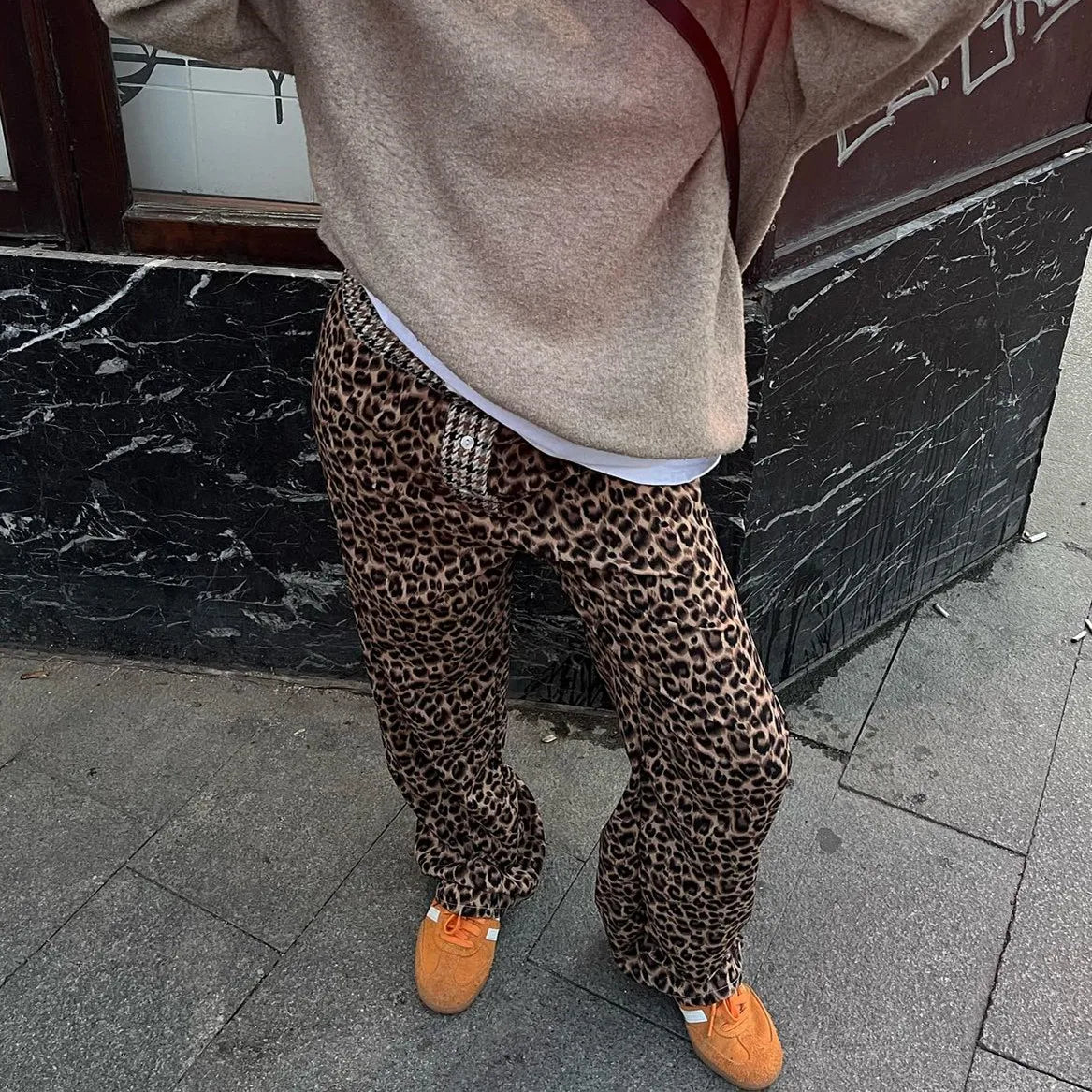 Relaxed fit pants for laid-back comfort wear -Fashion Leopard Animal Cheetah Y2k Wide Leg Going Out Streetwear Pants