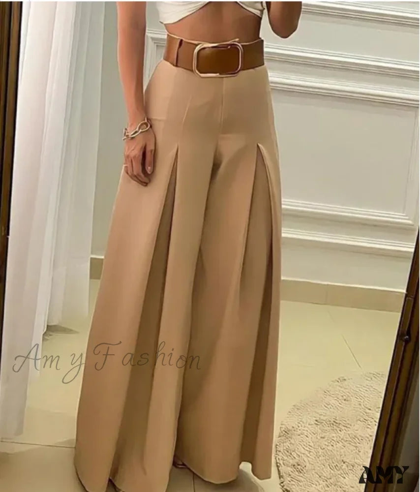 Casual drawstring pants for effortless home relaxation -Solid Color Open Fold High Waist Wide Leg Elegant Pants