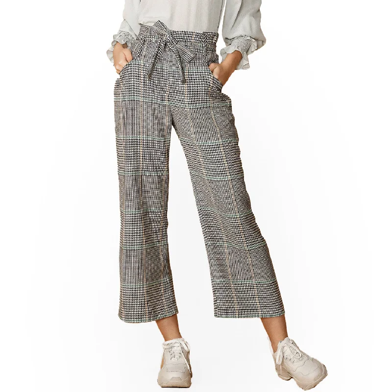 Classic straight-leg pants for versatile daily wear -Women's Plaid Tie Waist Cropped Pants in Fall Glen