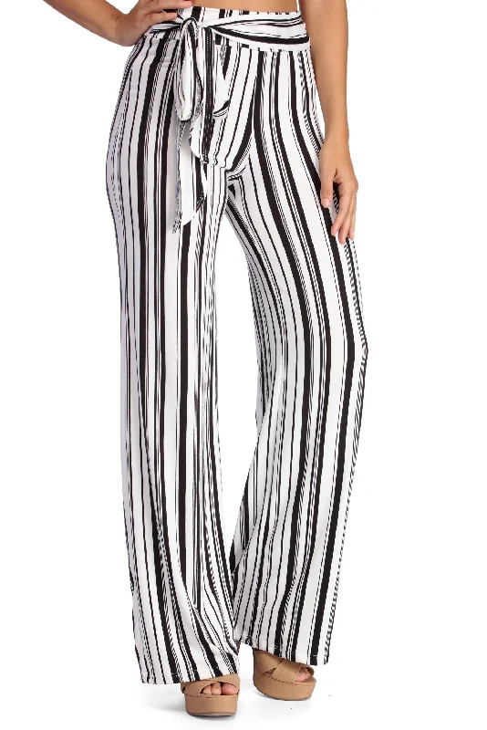 Eco-friendly hemp pants for sustainable clothing choices -Striped For Style Flared Pants