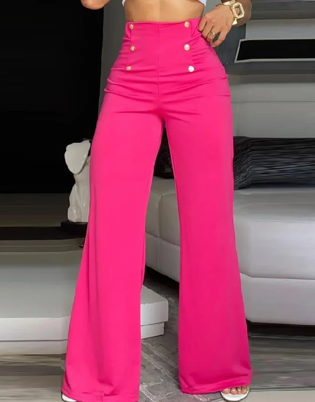 Stretchy yoga pants for flexible workout sessions -Rose Red Breasted Decorative Wide Leg Pants