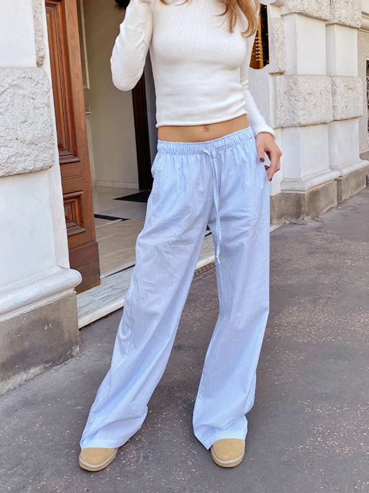 Tapered ankle pants for sleek modern silhouettes -Casual Blue High Waist Wide Leg Oversized Korean Style Spring Pants