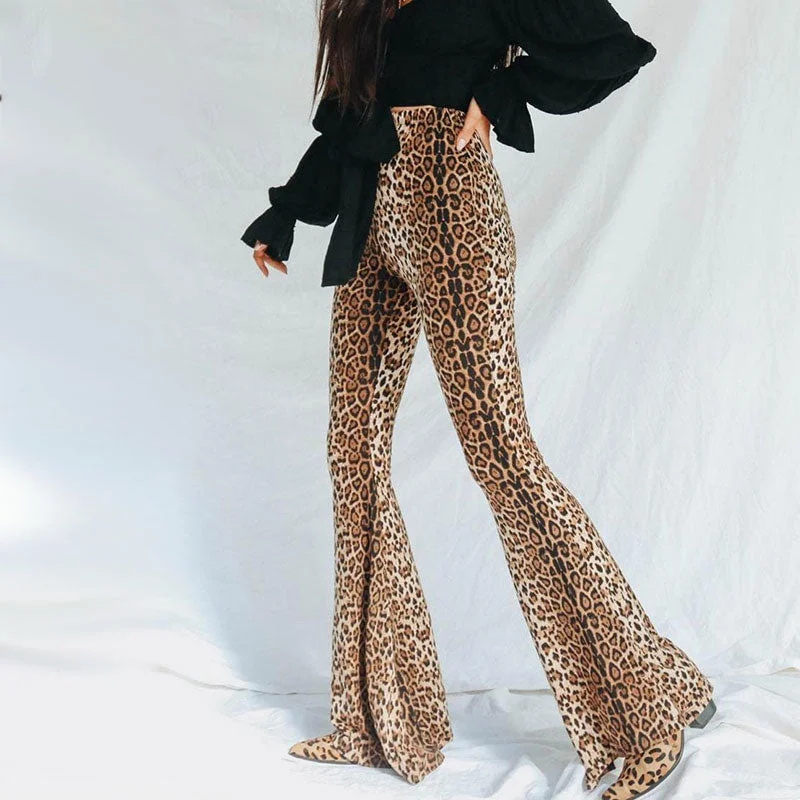 Bold plaid pants for eye-catching style choices -Leopard Print High Waist Flare Pants