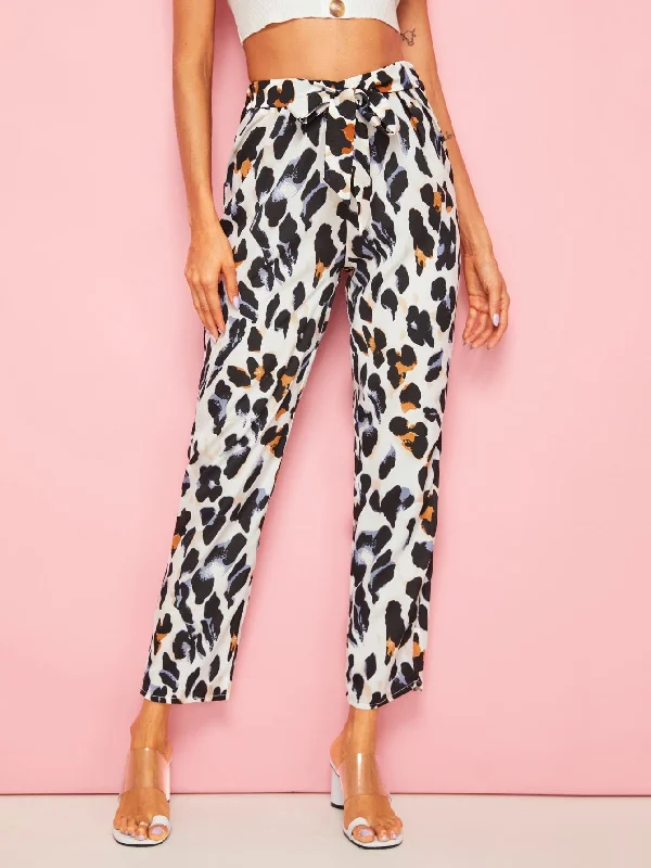 Stretchy skinny pants for figure-hugging appeal -Leopard Tie Front Pants