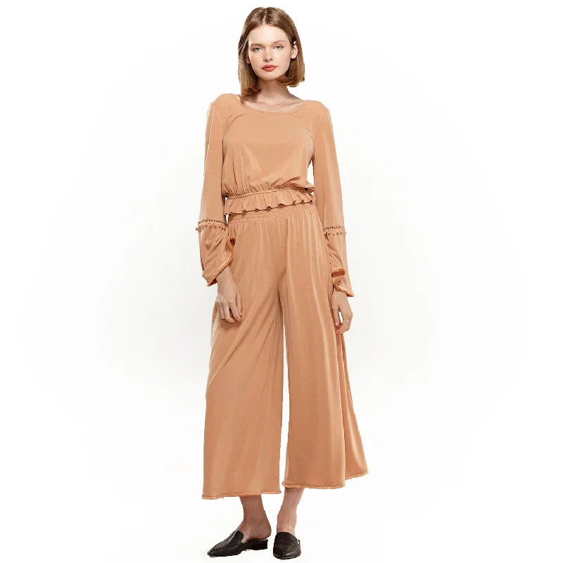 Designer jogger pants for upscale street style -Smocked Waist Wide Leg Palazzo Pants in Apricot