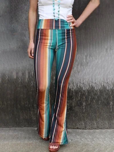 Windproof pants for chilly outdoor activities -Multicolor Striped High Waist Bootcut Pants