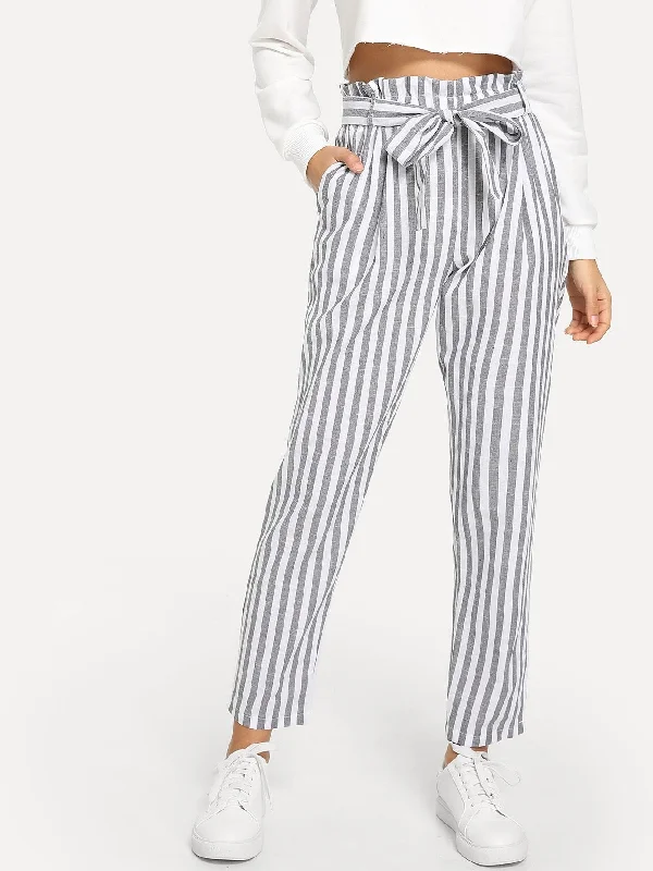 Classic straight-leg pants for versatile daily wear -Vertical Striped Frill Belted Pants