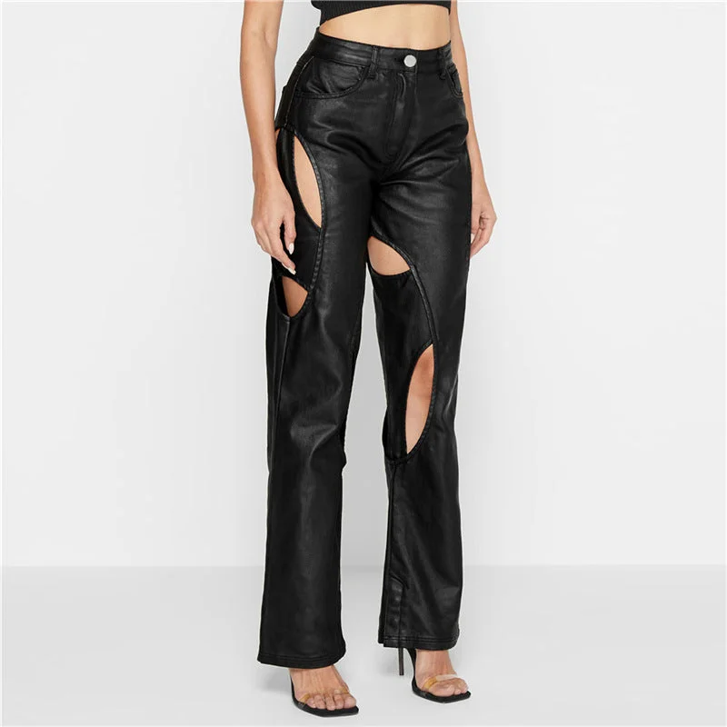 High-performance workout pants for marathon training days -High Waist Straight Hollow Faux Leather Pants