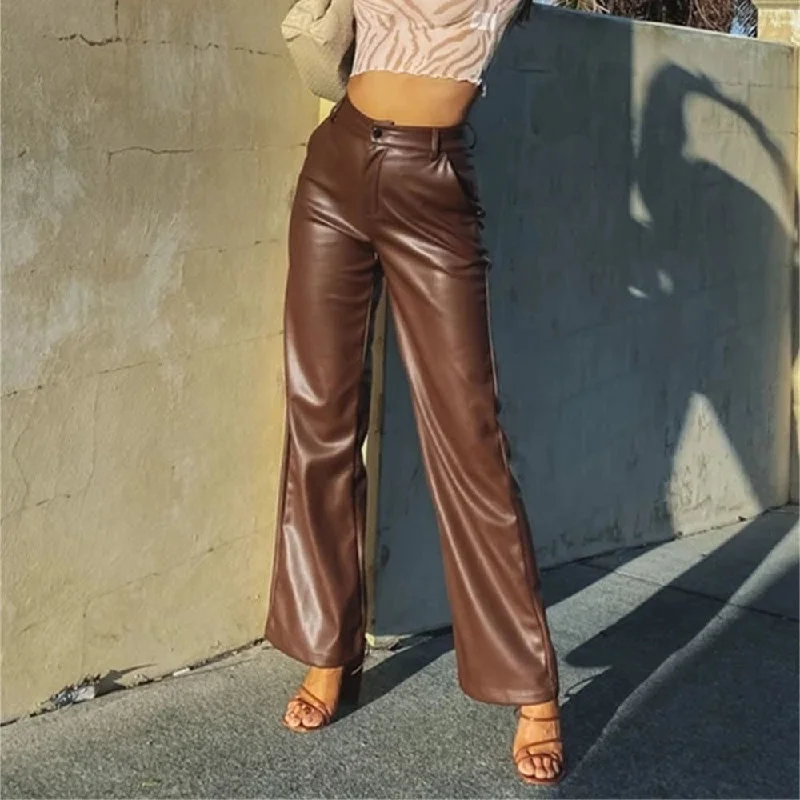 Stylish cropped pants for warm season trends -PU Leather High Waist Wide Leg Pants