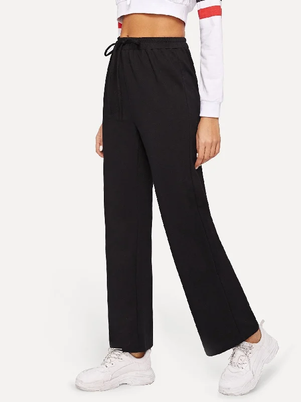 Relaxed cotton pants for breezy casual days -Drawstring Waist Solid Straight Leg Pants