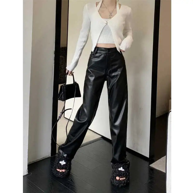 Stylish cropped pants for warm season trends -Black Pu Leather High Waist Straight Wide Fashion Streetwear Plus Size Pants